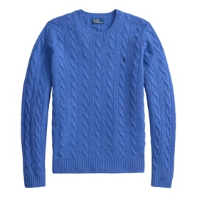 Polo Ralph Lauren cable-knit sweater in Nimes Blue Heather, crew neck, with embroidered Polo Pony logo at chest