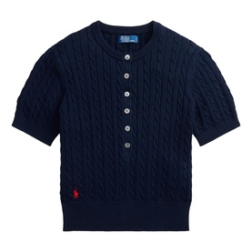 Polo Ralph Lauren Hunter Navy cable-knit short-sleeve henley sweater with button placket and ribbed trim