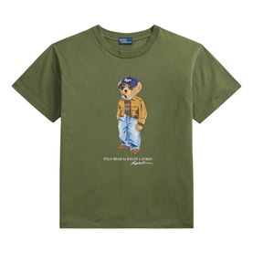 Polo Ralph Lauren Dense Olive T-Shirt with Polo Bear graphic in jacket, jeans and cap print, crew neck, short sleeves