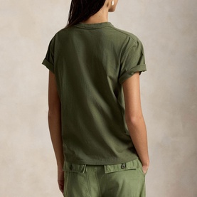 Model wearing Polo Ralph Lauren Dense Olive T-shirt, back view, styled with matching olive trousers