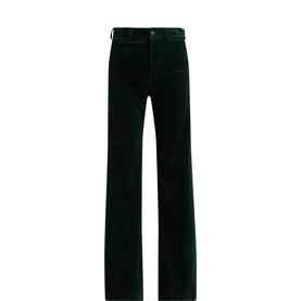 Polo Ralph Lauren green velvet wide-leg trousers with belt loops and zip fly, flat lay view
