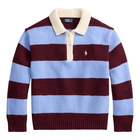 Polo Ralph Lauren knit jumper in Harvardwne stripe with cream collar, half-zip neckline and embroidered pony logo
