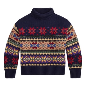 Navy fair isle knit turtleneck jumper with red snowflake and geometric pattern in red, gold and purple