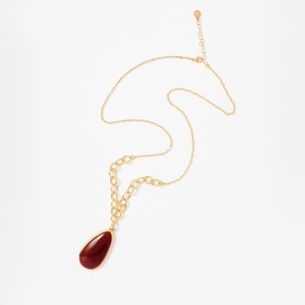 Mint Velvet gold-tone chain necklace with deep red teardrop pendant and adjustable extender chain