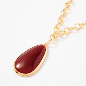 Mint Velvet gold-tone chain necklace with large deep red teardrop pendant in bezel setting