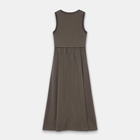 Mint Velvet green sleeveless midi dress with empire waist seam and A-line skirt, shown flat back view