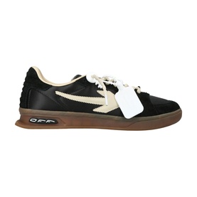 Off-White black and cream leather low-top sneaker with arrow logo, white lace tag detail, and gum rubber sole