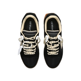 Off-White black low-top trainers, overhead view, cream chunky laces and branded zip-tie tag, contrast off-white midsole