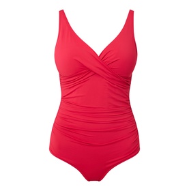 Sea Level Cross Front Swimsuit in red, V-neckline, sleeveless, gathered cross-front detail with ruched waist, wire-free with soft cup support.