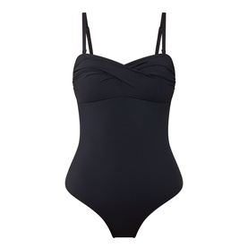 Sea Level black swimsuit with crossover sweetheart bandeau top, thin double shoulder straps and smooth fitted body
