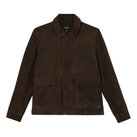 Reiss dark brown suede jacket with point collar, zip front, and two patch pockets