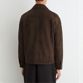 Model wearing Reiss dark brown suede-effect zip-front jacket, back view, styled with black trousers