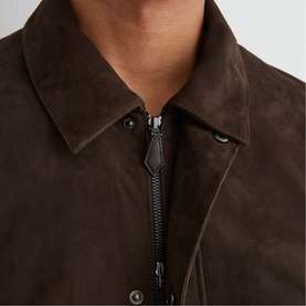 Reiss dark brown suede jacket close-up showing point collar and zip fastening detail
