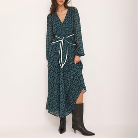 Printed Scarf Detail Flared Dress