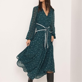 Printed Scarf Detail Flared Dress