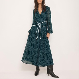 Printed Scarf Detail Flared Dress