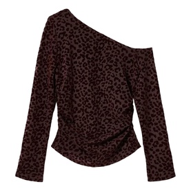 All Saints brown flock leopard print one-shoulder long sleeve top with ruched side detail