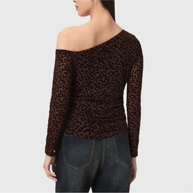 Model wearing All Saints brown flock leopard print off-shoulder long-sleeve top, styled with dark blue jeans, back view.
