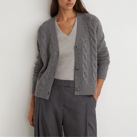 Model wearing Reiss charcoal grey cable-knit cardigan with snap buttons, styled with matching grey V-neck and wide-leg trousers.