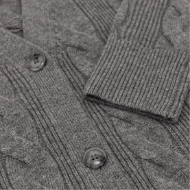 Reiss charcoal grey cable-knit cardigan detail showing ribbed cuff and button placket