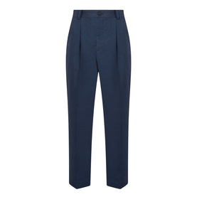 Jacquemus dark navy casual trousers with double pleats, tapered leg, and belt loops, flat lay view