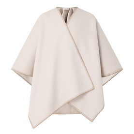 Max Mara Accessories camel virgin wool cape with wrap front, asymmetric hem, and contrast whipstitch trim detail
