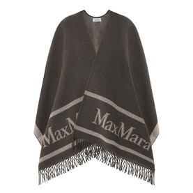Max Mara Accessories Hilde Logo Fringed Cape in dark brown wool with contrast logo lettering and fringed tassel hem