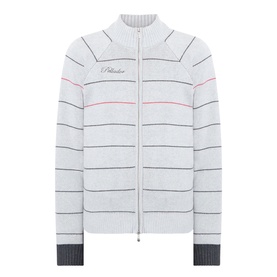 Pellador grey cotton zip-through knit with navy and red horizontal stripes, ribbed cuffs and hem, and logo embroidery at chest