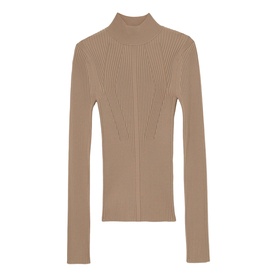Reiss beige ribbed knit roll-neck top with long sleeves and fitted silhouette