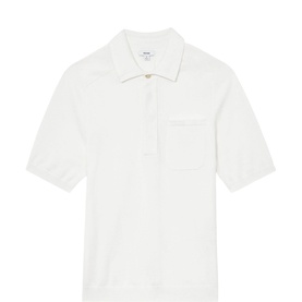 Reiss white short-sleeve knit polo shirt with collar, two-button placket, and chest patch pocket
