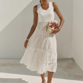 Crochet Trim Tiered Flared Dress