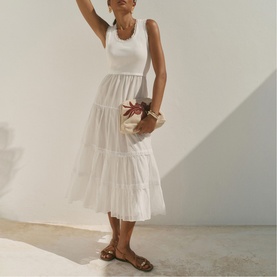 Crochet Trim Tiered Flared Dress