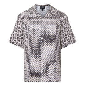 A.P.C. Bennet Printed Shirt in dark navy, camp collar, short sleeves, geometric print, button fastening, straight hem