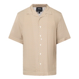 A.P.C. beige short-sleeve camp collar shirt in 100% viscose with all-over geometric print, button-front fastening