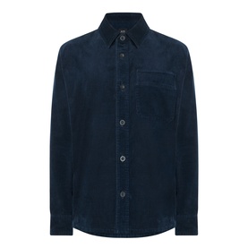 A.P.C. Patch Pocket Corduroy Shirt in dark navy with point collar, front button fastening, chest patch pocket and curved hem.