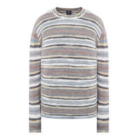A.P.C. crew neck jumper in grey multicolour stripe, mohair and alpaca blend, ribbed cuffs and hem, ghost mannequin shot