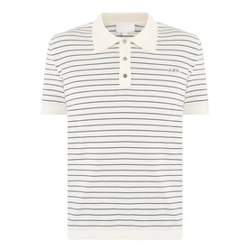 A.P.C. natural cotton polo shirt with navy horizontal stripes, ribbed collar, three-button placket and short sleeves