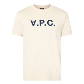 A.P.C. V.P.C. T-shirt in mastic cream with large navy chest logo print, short sleeves, crew neck, 100% cotton