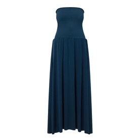 Eres Oda Bandeau Dress in Ocean blue, strapless fitted bodice with full flared midi skirt and slight asymmetric hem