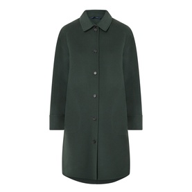 Max Mara S emerald virgin wool coat with point collar, single-breasted button front, and long-line silhouette