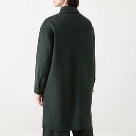 Model wearing Max Mara S emerald wool coat, rear view, longline silhouette with stand collar and side vents