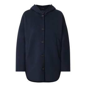 Max Mara S midnight blue wool hooded coat with button front fastening and relaxed oversized silhouette