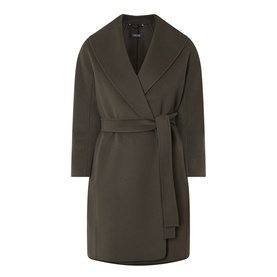Max Mara S kaki virgin wool wrap coat with wide lapels, belted waist, and three-quarter length sleeves