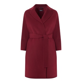 Max Mara S bordeaux wool coat with notched lapels, 3/4 sleeves, and self-tie belt, knee-length silhouette