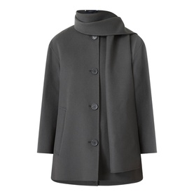 Max Mara S dark grey virgin wool coat with button front, 3/4 sleeves, and attached draped scarf collar detail