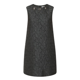 Max Mara S Vicolo Jacquard Mini Shift Dress in dark green with detachable jewel embroidery, sleeveless crew neck, textured jacquard fabric