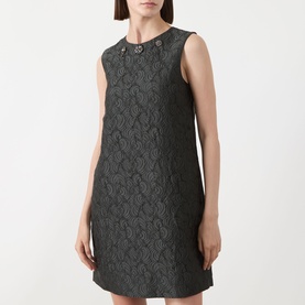 Model wearing Max Mara S Vicolo Jacquard Mini Shift Dress in dark green with detachable jewel embroidery at crew neckline, sleeveless