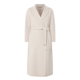 Max Mara S Esturia Belted Wrap Coat in beige, notched lapels, long sleeves, self-fabric belt, longline silhouette
