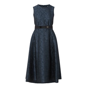 Max Mara S Midnight Blue jacquard sleeveless midi dress with fitted belt and full A-line skirt