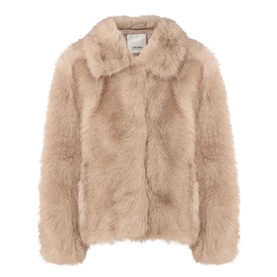 Max Mara S Malce Faux-Fur Short Coat in honey, featuring a shirt collar, wide fit, and fluffy polyester faux-fur texture
